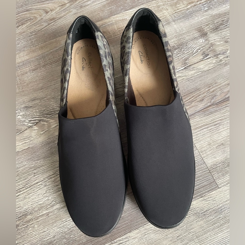 Clarks Women's Black and Leopard Slip-On Loafers